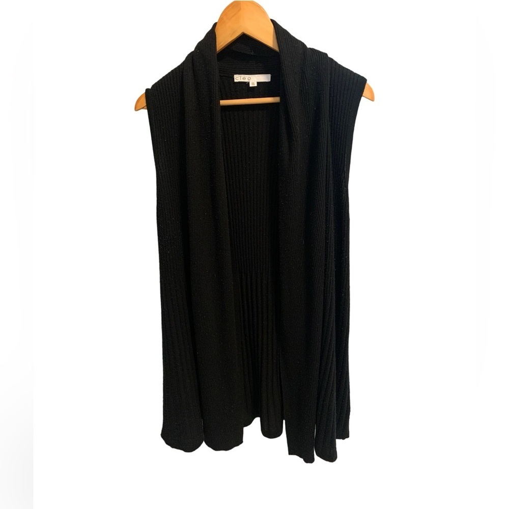 Cleo Black Ribbed Draped Open-Front Cardigan Vest, Size XXL